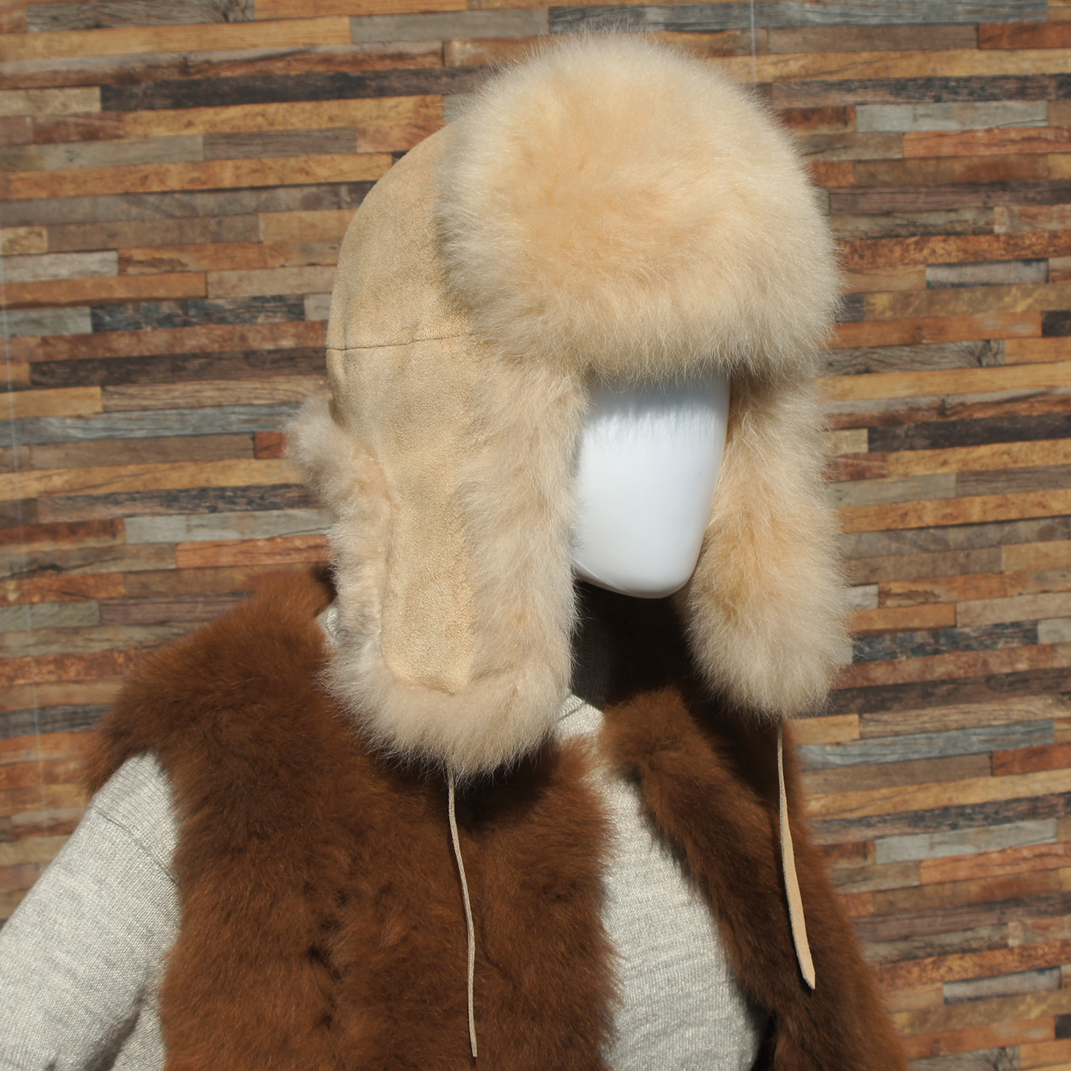 Premium Fell-Fliegermütze/fur aviator hat FLY, Farbe/colour: beige, Größe/size: S